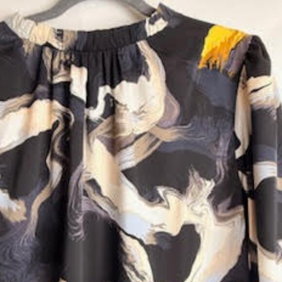 Nine West Abstract Print Long Sleeve Tiered Mini Dress Black/White/Yellow XL - Picture 4 of 9